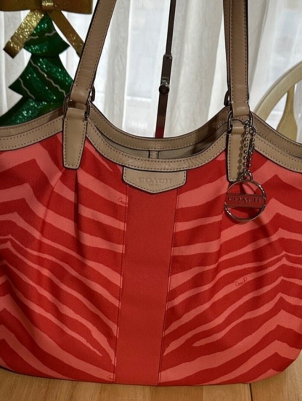 Coach Red Zebra-Stripe Tote with Tan Trim